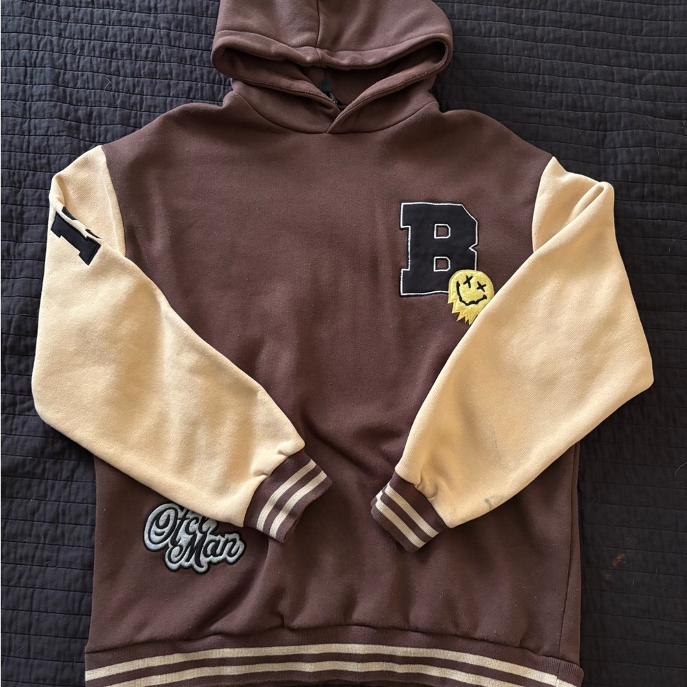 boohooMAN Brown Varsity Hoodie Size M Cream Sleeves Streetwear Style
